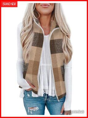 Plaid Outerwear Vest Zip Up Collared Sleeveless Jacket with Pockets